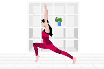 The girl goes in for sports at home. Vector fitness background