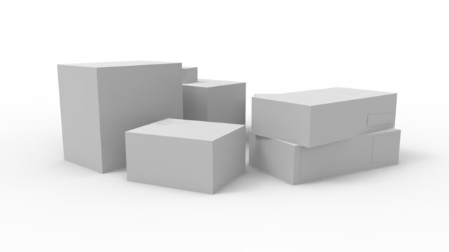 3D rendering of a design mockup template of multple cardboard product packaging boxes isolated in studio background.