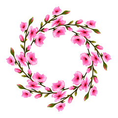 watercolor wreath of twigs with pink flowers isolated on white background.