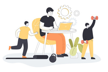 Tiny businessmen exercising with office worker in background. Business persons doing exercises or sports at work flat vector illustration. Healthy lifestyle concept for banner or landing web page