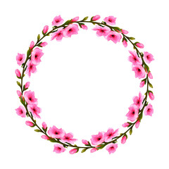 watercolor wreath of twigs with pink flowers isolated on white background.