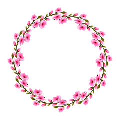 watercolor wreath of twigs with pink flowers isolated on white background.
