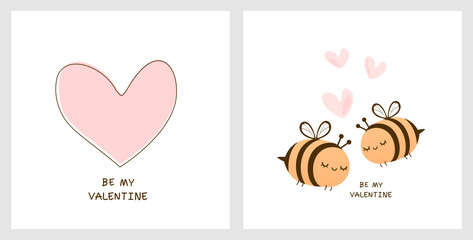 Blush bee cartons, hand drawn hearts and hand written font on white background vector. Be my Valentine.