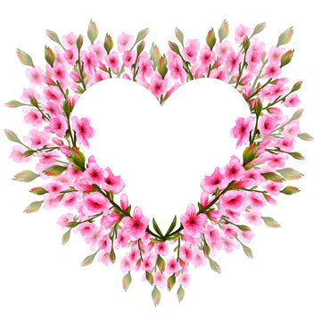 watercolor wreath of branches with pink flowers, in the shape of a heart, on a white background.