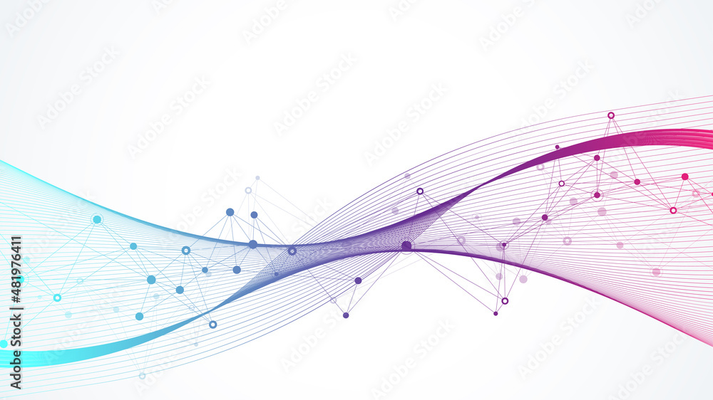 Poster Expansion of life. Colorful explosion background with connected line and dots, wave flow. Visualization Quantum technology. Abstract graphic background explosion, motion burst illustration.