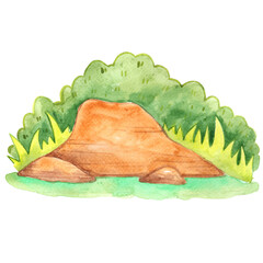 Stone on grass lawn and bush watercolor background for decoration on nature garden and fairy tales scene.
