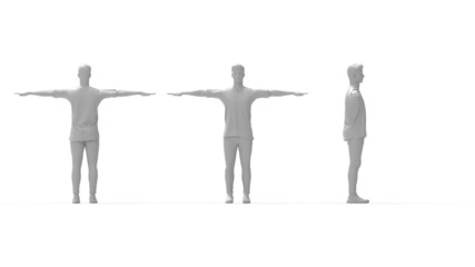 3D rendering of a casual man front side and back view. Arms spread computer render model isolated silhouette.
