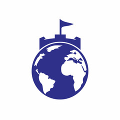 Castle globe vector logo design. Unique fortress and globe logotype design template.