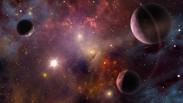 Space journey slowly flying through universe among planets galaxies stars and nebulae