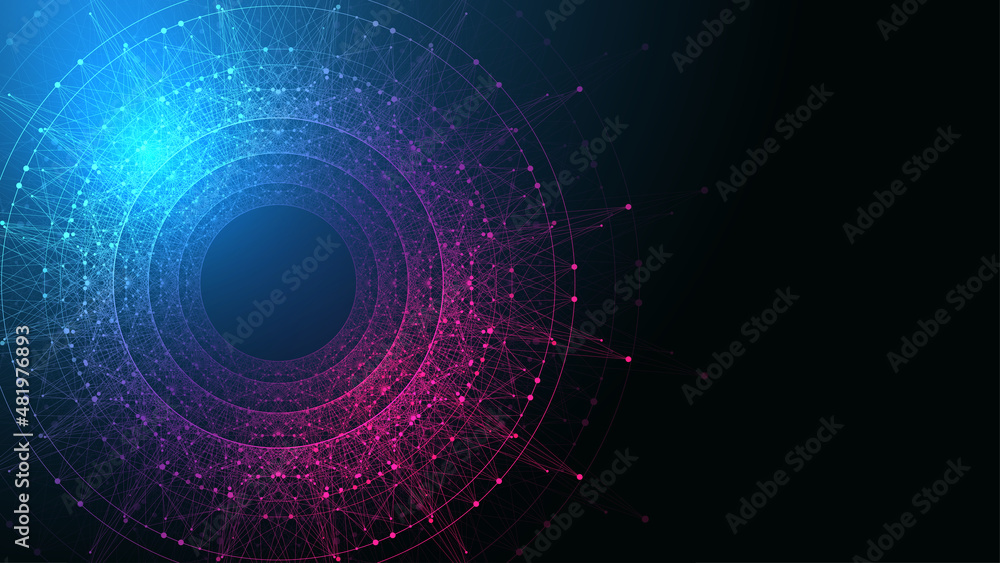 Poster Quantum computer technology banner design template concept, gravitational wave. Deep learning artificial intelligence. Big data algorithms visualization for business, science, technology illustration.