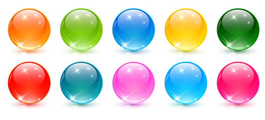Colored spheres set, shiny and glossy 3D colorful glass balls collection, multicolored vector illustration.
