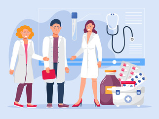 Online doctors concept vector. Distance medical conference. Clinic, doctor webinar, video presentation, medicine blog illustration.