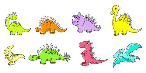 Nice funny doddle dinosaur set collection for textile, wallpaper, prints, fabric, clothes for children. Vector illustration. 