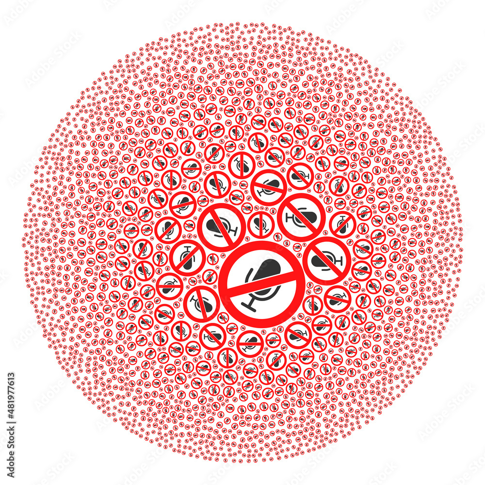 Poster stop microphone signs are scattered into sphere collection. stop microphone icon spheric mosaic. abs