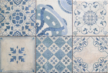 Tile texture on the wall. Decorative insert. Mosaic art. Roman style. Architectural tile insert