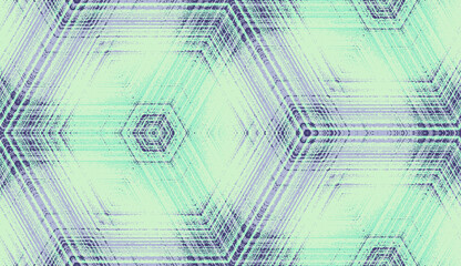 Seamless abstract geometric textured pattern in mint green and blue lavender colors. Symmetric hexagon concentric ornament for digital paper, textile printing, wallpaper background design.