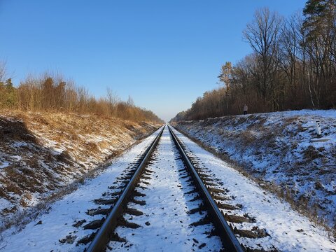 Railway track in winter with snow
