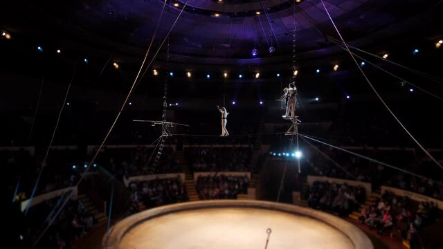 Performance of three aerial tightrope walkers gymnasts in white suits in the circus. Aerialists arrange a show for the audience under the dome of the circus, a tightrope walker walks on a rope.