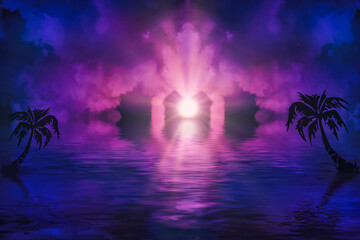 3d render. Paradise is a fantastic beautiful simple landscape reflection of light in the water bright sun rays.
