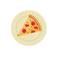 Piece of pizza with sausage, mushrooms and tomatoes. Pizza on a plate. Simple flat design. Isolated on white background vector illustration.