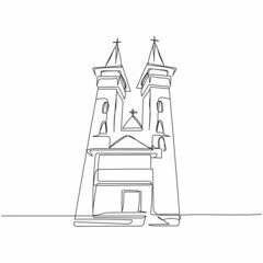 Continuous one simple single abstract line drawing of orthodox church in traditional style in silhouette on a white background. Linear stylized.