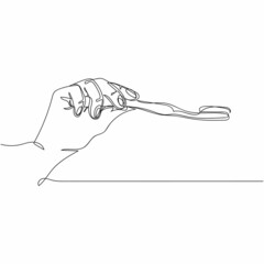 Continuous one simple single abstract line drawing of hand holding toothbrush in silhouette on a white background. Linear stylized.