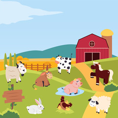 Farm animals with landscape - cow, goat, donkey, pig, horse, sheep,  chicken, hen, rabbit. Cute cartoon vector illustration in flat style. Farm pets colorful collection. Cute domestic animals set.