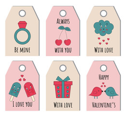 Set of Valentine day cute ready-to-use gift tags. Romantic badge design. Vector illustration. I love you greeting cards template. Cartoon February 14 tags, labels or posters collection.