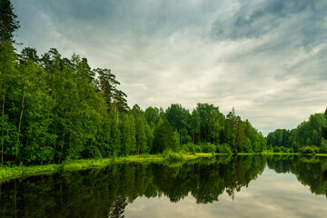 Fototapeta na wymiar Fishing wooden bridge on the river among the trees