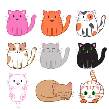 Set of funny cartoon cats, cute vector illustration in flat style. Different colorful cats. Smiling fat kitten. Positive print for sticker, cards, clothes, textile, design and decor. 