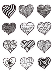 Heart illustration Love icon of black hearts scribble. Hand-drawn cartoon doodle design isolated on white background. Elements for Valentines