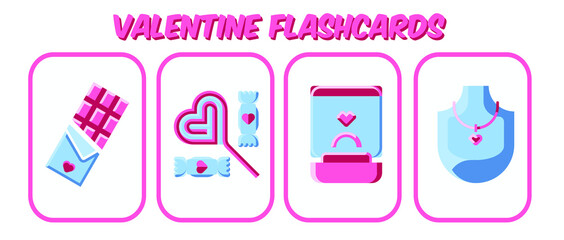 Cute valentine flashcards collection. Colourful valentine with cartoon style set. Card games for kids. Vector illustration.