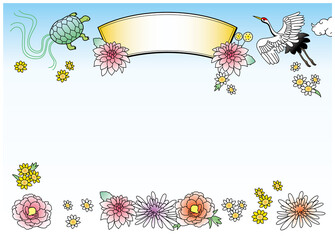 牡丹や菊等の花や鶴、亀の和風ベクターイラスト。
おめでたい行事やお正月・米寿のお祝い、誕生日等のポスターやカード、パンフレットの背景デザインにご使用ください。