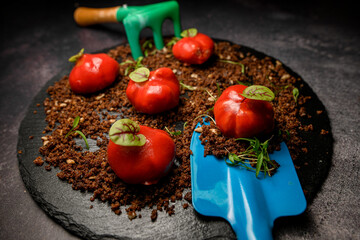 beautiful tasty snack covered with red glaze on ground meat with decor.