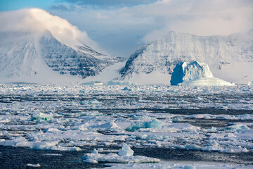 Sea ice in the North Atlantic Ocean off the northeast coast of Greenland.
