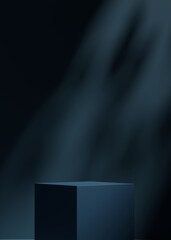 Empty minimal blue box pedestal or podium for product presentation. Empty showcase. Blank template for advertise. Dark background. 3d render illustration