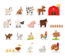 Farm animals - cow, goat, donkey, pig, horse, sheep, chicken, hen, rabbit, bull, cat, dog, rooster, duck, goose, turkey. Cute cartoon farm pets collection vector illustration. Domestic animals set.