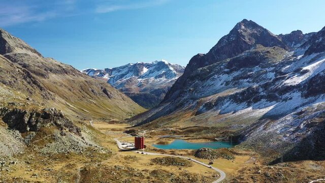 Julier pass, Switzerland. Aerial view of the mountain and the road. Landscape from a drone. 