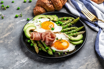 Breakfast table with fried egg with asparagus spears and prosciutto. ketogenic diet lunch concept. menu, top view