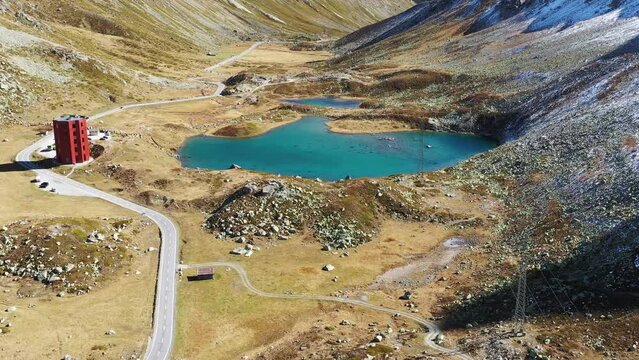 Julier pass, Switzerland. Aerial view of the mountain and the road. Landscape from a drone. 