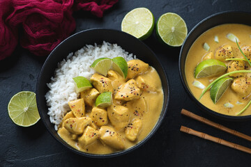 Bowls of yellow curry with chicken meat and white rice, elevated view on a black stone background, horizontal shot