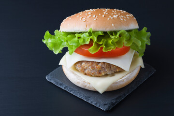 Fresh tasty burger on dark background.