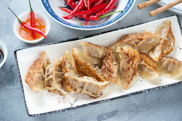 Plate of pan fried asian dumplings over light-blue stone background, elevated view, middle close-up