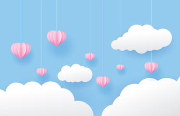 Hearts in the sky with cloud background, valentine day , paper art style, vector illustration.