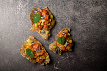 top view of beautiful tasty vegetable snack on grey table