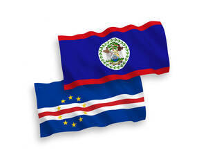 National vector fabric wave flags of Republic of Cabo Verde and Belize isolated on white background. 1 to 2 proportion.