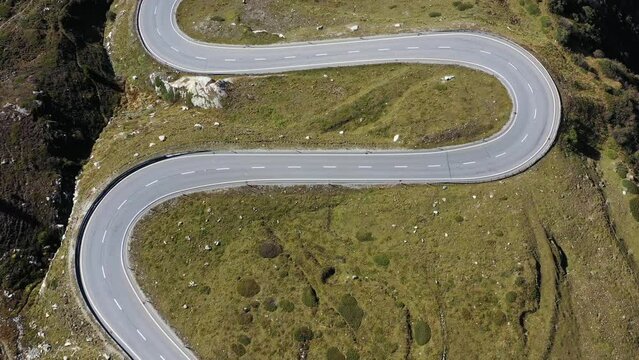 Julier pass, Switzerland. Aerial view of the mountain and the road. Landscape from a drone. 
