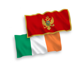 National vector fabric wave flags of Ireland and Montenegro isolated on white background. 1 to 2 proportion.