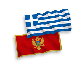 National vector fabric wave flags of Greece and Montenegro isolated on white background. 1 to 2 proportion.