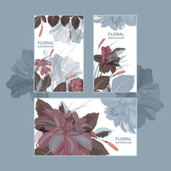 Vector horizontal and vertical floral banners with dahlias and lilies on a white background. 